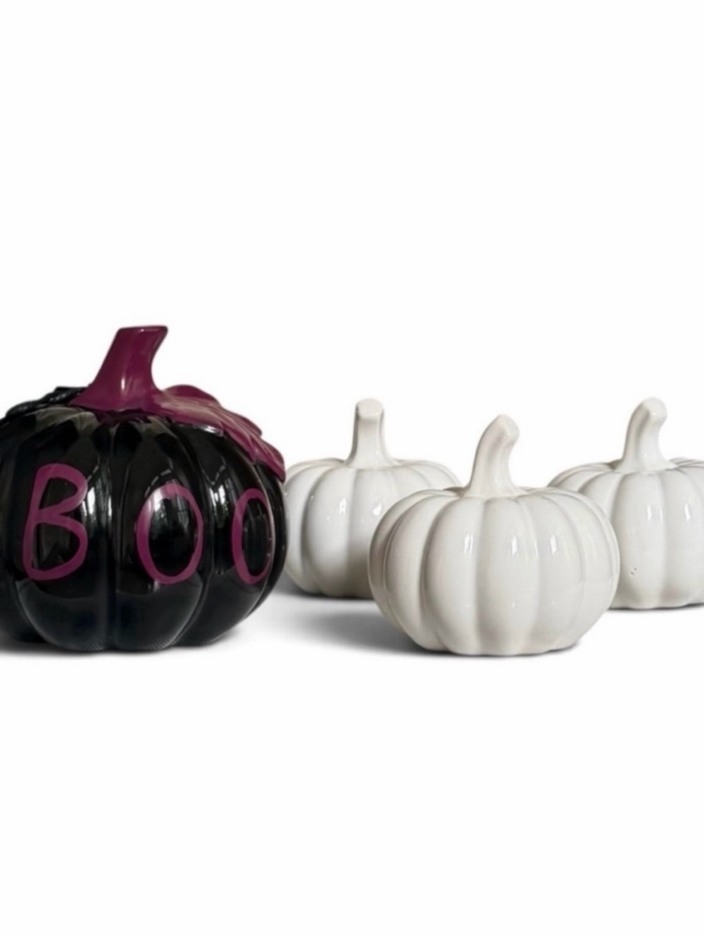 Set of 4 Black and White Decorative Ceramic and Glass Halloween Pumpkins